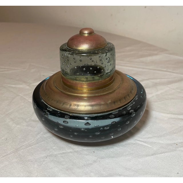 Up for sale is a very nice quality vintage hand blown glass and bronze writing inkwell. This large example features a...