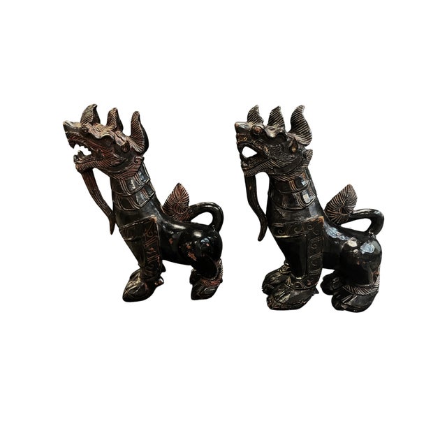 Pair of Antique Chinese Wood Carved Foo Dogs Protectors 19th Century For Sale - Image 4 of 5