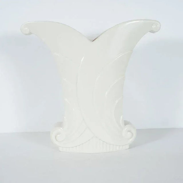 White Art Deco White Porcelain Skyscraper Style Scroll Form Vase by Abingdon For Sale - Image 8 of 10