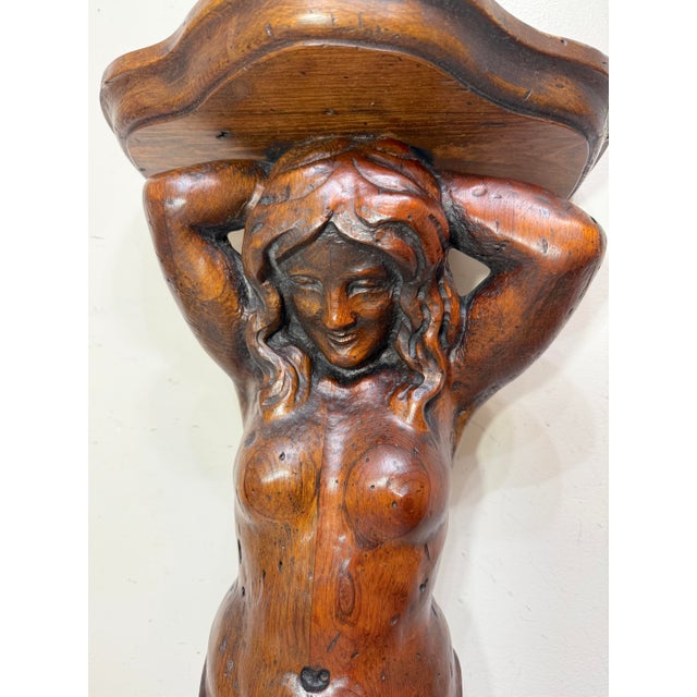 Huge Antique Hand Carved Wood Oak Figural Nude Lady Woman Wall Shelf Sculpture For Sale - Image 12 of 16