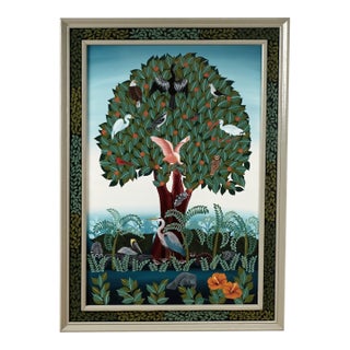 Vintage Modernist Painting of a Tree With Birds and Fruit by Ruth Schindler For Sale