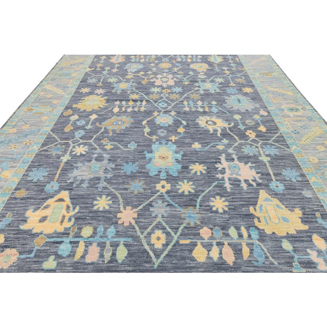 Sky Blue Modern Oushak Style Hand-Knotted Wool Area Rug in Charcoal, Sky Blue & Pastel For Sale - Image 8 of 11