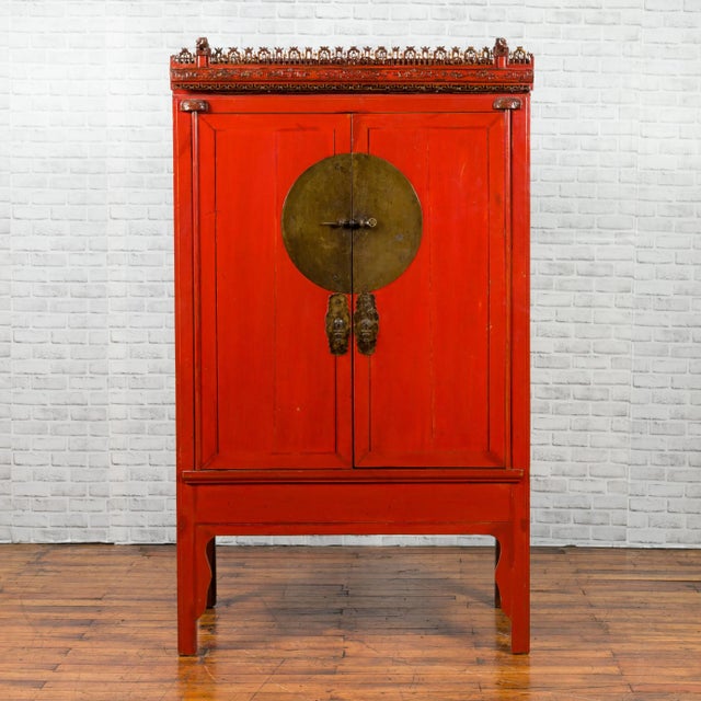 Red Chinese Qing Dynasty 19th Century Red Lacquered Wedding Cabinet with Carving For Sale - Image 8 of 13