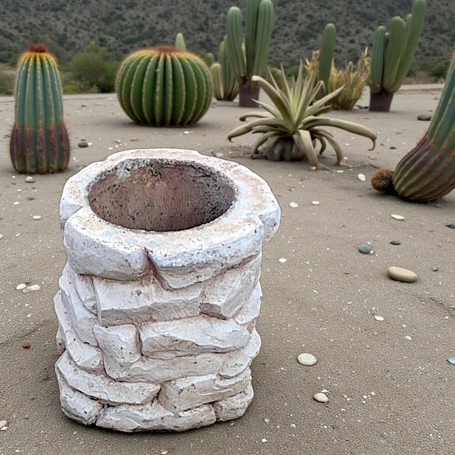 Rustic 1986 White Washed Faux Stacked Riverstone Outdoor Cement Planter For Sale - Image 3 of 14