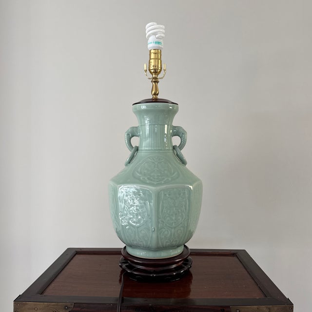 Wood Vintage Asian Celadon Porcelain Table Lamp For Sale - Image 7 of 11