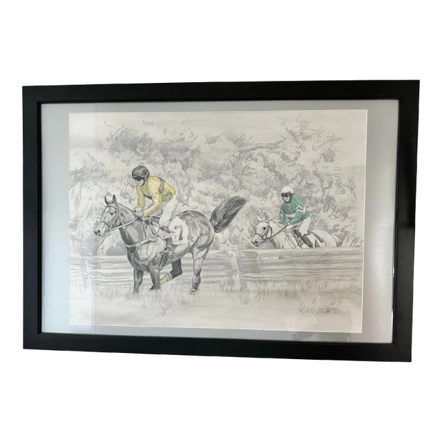 Steeplechase Colored Pencil Original Art by Michael Roberts With Light Grey Matte and Black Wooden Frame For Sale