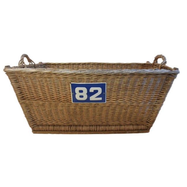 1930s Vintage French Woven Wicker Basket W/ Blue & White Enameled Number "82" Plate For Sale - Image 5 of 9