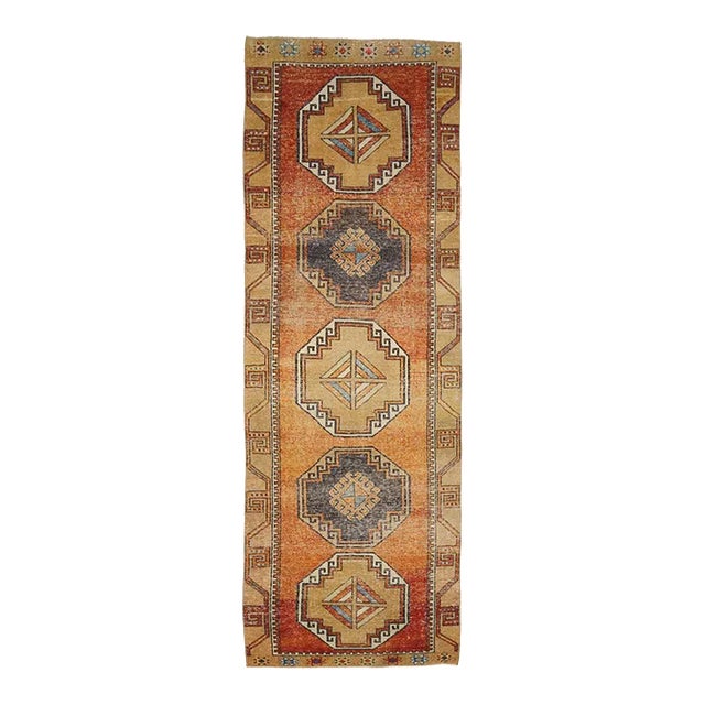 1970s Vintage Turkish Oushak Handmade Wool Cotton Orange Runner Rug For Sale