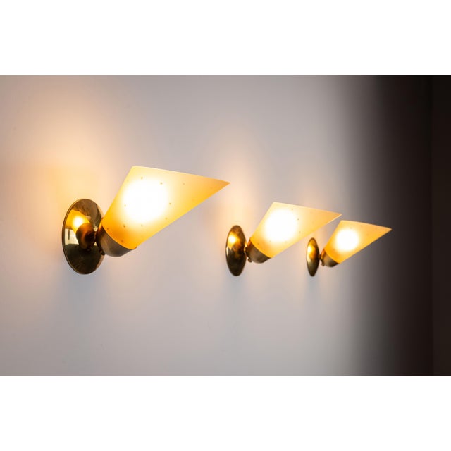 Vintage Brass Sconces with Decorated Yellow Glass Shades, 1960s, Set of 3 For Sale - Image 4 of 18