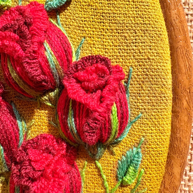 Framed 3d Stumpwork Textile Wall Art - Vintage Botanical Red Roses on Yellow For Sale - Image 15 of 16