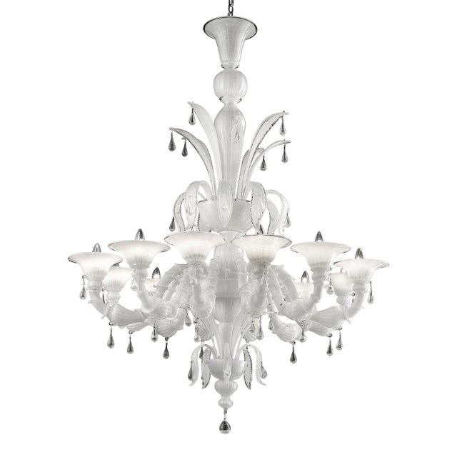 Venetian White “Ca’ Rezzonico” Murano Glass Chandelier With Transparent Little Drops. For Sale