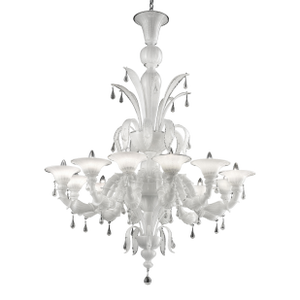 Venetian White “Ca’ Rezzonico” Murano Glass Chandelier With Transparent Little Drops.