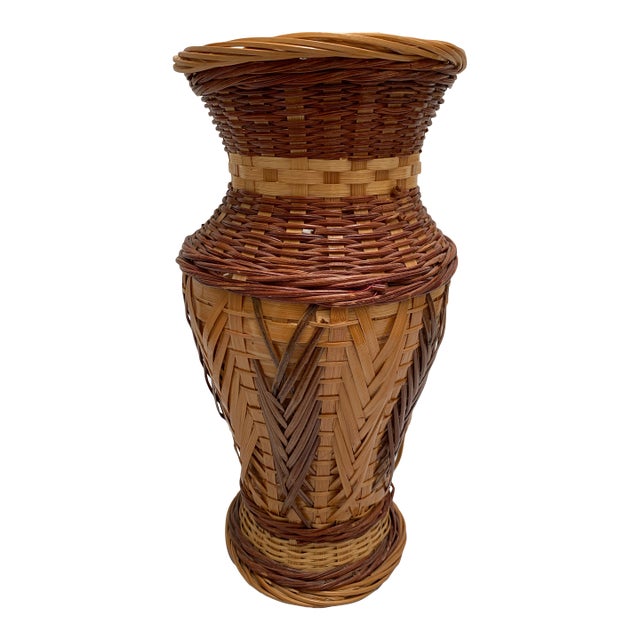 Vintage Braided Wicker Wood Decor Vessel or Vase For Sale