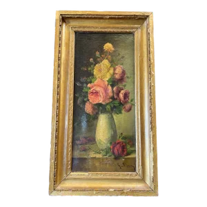 19th Century Floral Still Life Oil Painting, Framed