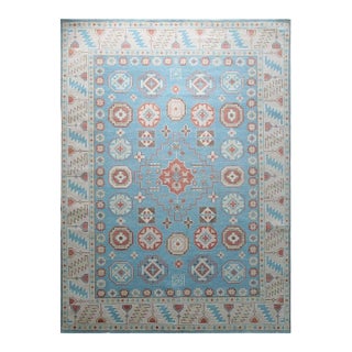 9x12 Blue Hand-Knotted Wool Octagonal Medallions Tribal Modern Carpet Rug For Sale
