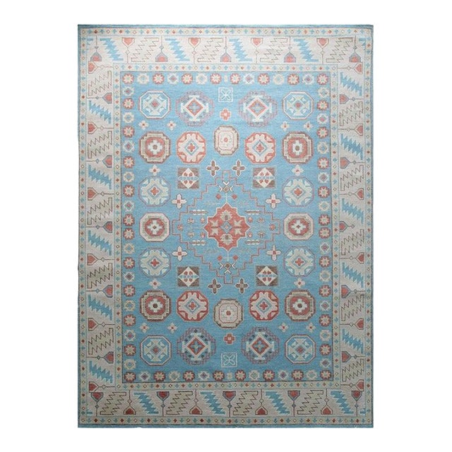 9x12 Blue Hand-Knotted Wool Octagonal Medallions Tribal Modern Carpet Rug For Sale