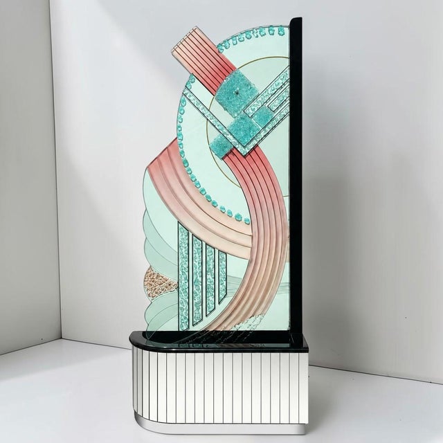 Massive 1990s Art Deco glass sculptural floor piece by Giz Studios, from Miami. Very rare piece, made with different color...