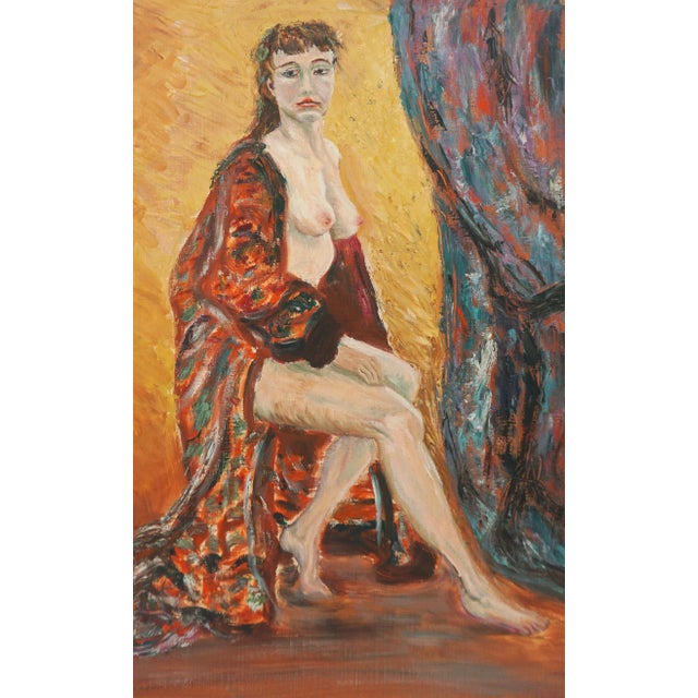 A striking mid century figurative oil painting of a seated nude woman posing in a long lavish red robe by Northern...