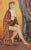 A striking mid century figurative oil painting of a seated nude woman posing in a long lavish red robe by Northern...