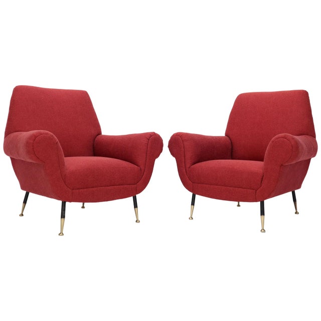 Pair of Red Upholstery Italian Lounge Chairs Brass Feet For Sale - Image 13 of 13