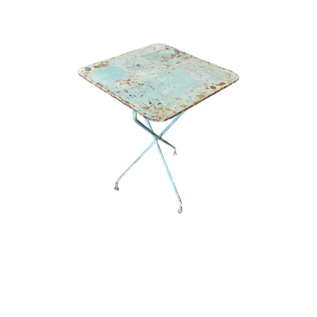 Vintage 1940s Metal French Bistro tripod table. Original blue chippy paint.