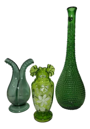 Antique Late 19th Century Green Glass Bottles/Vases - Set of 3