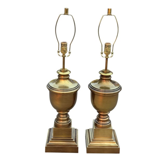 Hollywood Regency Vintage French Empire Style Gold Brass Metal Urn Form Table Lamps - A Pair For Sale - Image 3 of 8
