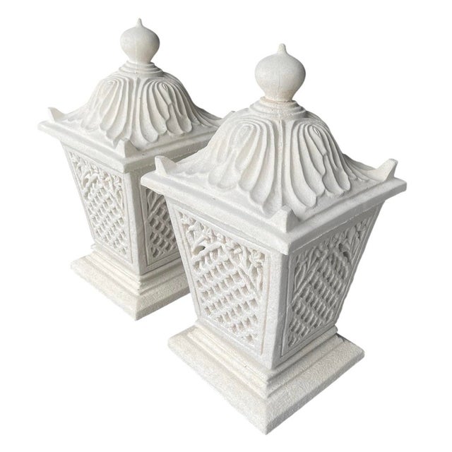 This striking pair of vintage cast stone garden lanterns perfectly captures the elegant, resort-style aesthetic of classic...