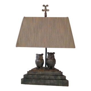 Rare Frederick Cooper Chicago "Twin Owls" Sculptural Lamp W/Original Shade For Sale