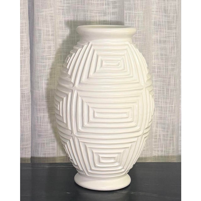 Ceramic Global Views Monumental Sculptural White Ceramic Vase, Geometric Relief, 23” For Sale - Image 7 of 10