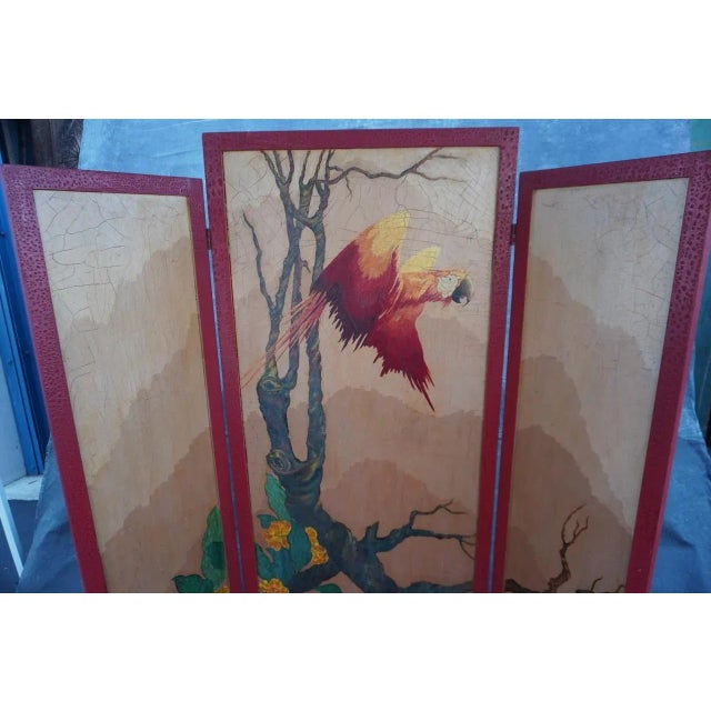 Art Deco Mid 20th Century Lurabee Parrot Painting on Tri-Fold Screen For Sale - Image 3 of 10