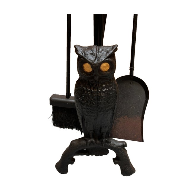 Vintage Four Piece Fireplace Set, Owl Sitting on Branch For Sale - Image 4 of 5