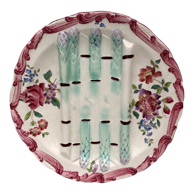 19th Century Longchamp Majolica Asparagus Plate With Flowers For Sale