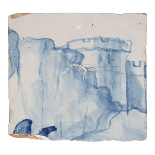18th Century Portuguese Blue & White Landscape Tile Depicting a Fortified Castle For Sale