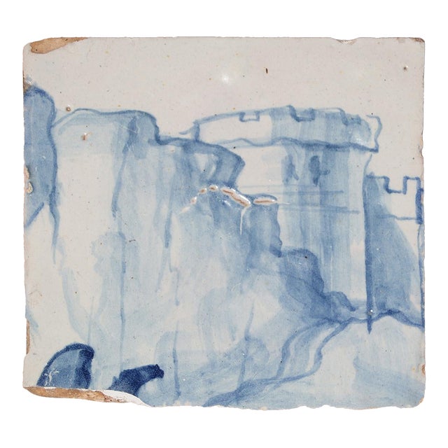 18th Century Portuguese Blue & White Landscape Tile Depicting a Fortified Castle For Sale