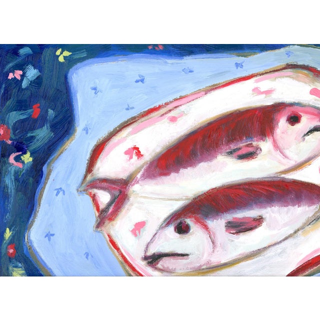 Contemporary Hockney Inspired, Two Fish on Blue, Still Life Pop Art Oil Painting by Alexandra Swistak For Sale - Image 3 of 7