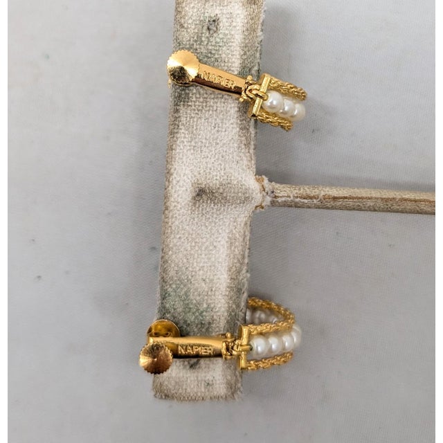 Gold Vintage 1980s Signed Napier Goldtone Faux-Pearl Hoop Clip Earrings-2 Pieces For Sale - Image 8 of 8