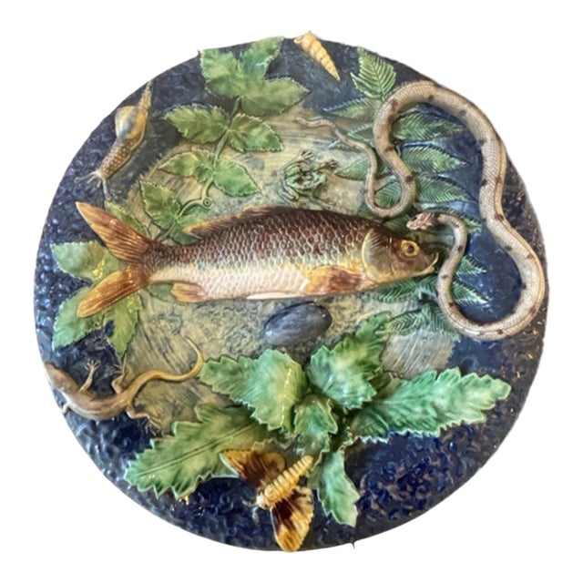 Late 19th Century French Palissy Ware Majolica Platter | Trompe-l'Oeil Pond Life With Carp, Snake, and Lizard | School of Paris For Sale