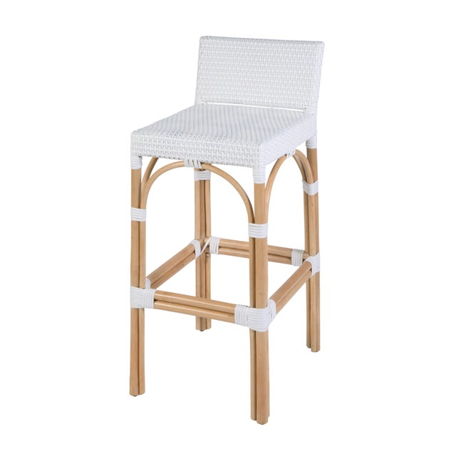 Coastal Serienna 30 in. Seat Height Rectangular Rattan Low Back Bar Stool, Smooth White For Sale - Image 3 of 11