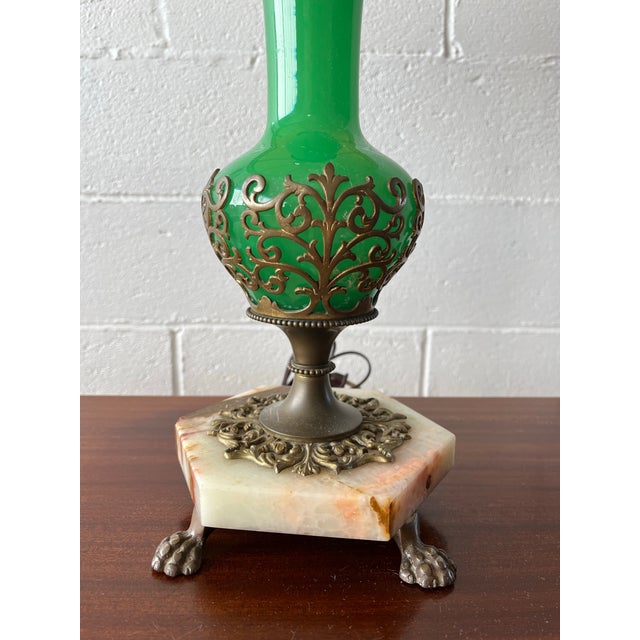 Hollywood Regency Vintage Green Glass Table Lamp With Ornate Bronze Base & Marble Footed Stand For Sale - Image 3 of 9
