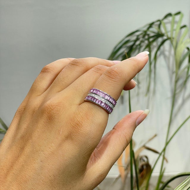 Blush Horizon 3.16 Ct Pink Sapphire & Diamond Band Ring for Christmas Gift, Size 6.5 For Sale - Image 9 of 13