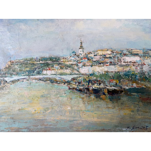 1980s Vintage European Impressionist River Cityscape Oil Painting on Canvas – Framed For Sale - Image 5 of 10