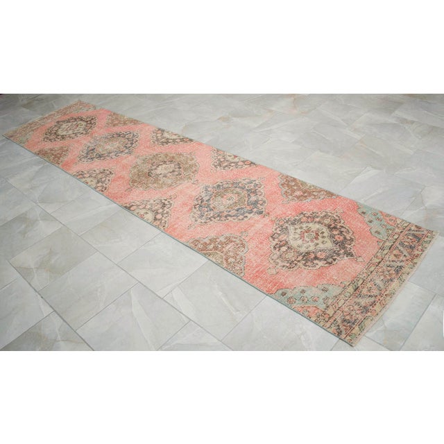 1970s 3x12 Vintage Oushak Runner Rug, Faded Salmon Pink and Sage Green Hallway Runner, 1970s Handmade Anatolian Corridor Rug, Kitchen Runner For Sale - Image 5 of 13