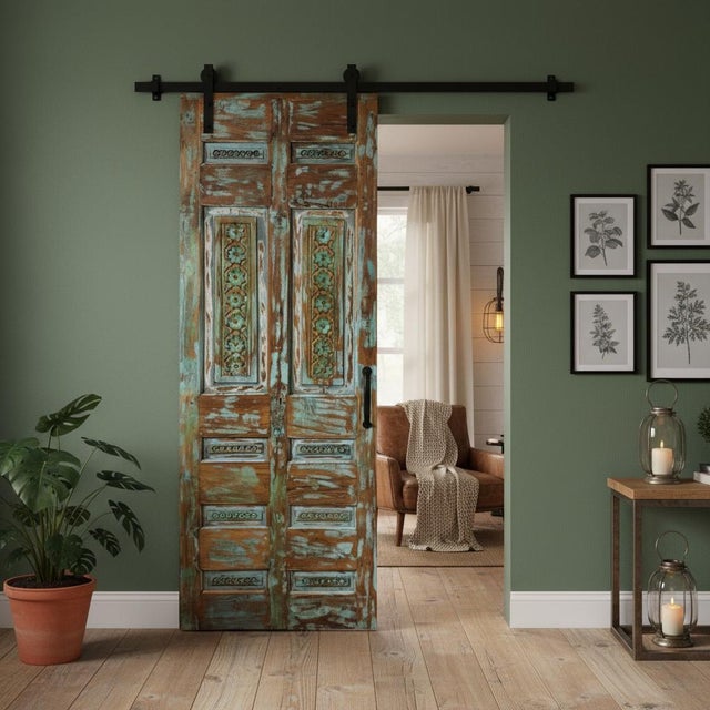 Vintage Hand-Carved Wooden Sliding Barn Door, Boho Architectural Statement for Interior 80x29.5 For Sale - Image 4 of 6