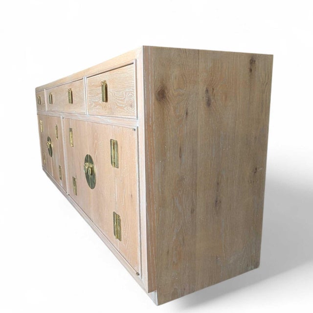 Refinished Mount Airy Bleached Oak Sideboard With Brass Hardware, Mid-Century For Sale - Image 4 of 18