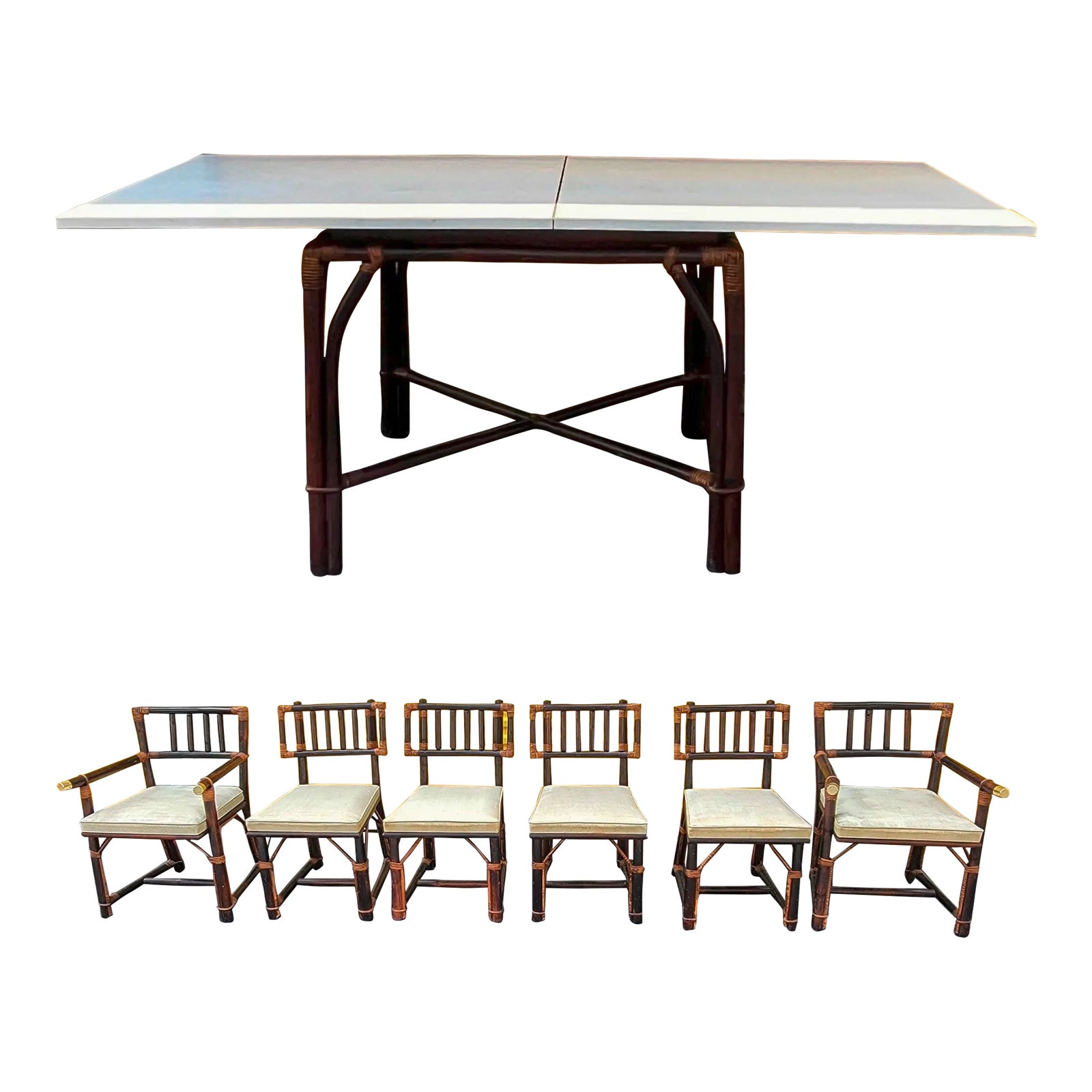 Ficks Reed Ming Style Bamboo and Brass Dining / Game Table Set With Six