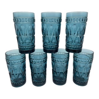 Vintage Traditional Indiana Blue Glass Tumblers- a Set of 7 For Sale