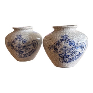 Vintage Large French Clay Crackle Glaze Set of 2 Pots Urn Vase For Sale