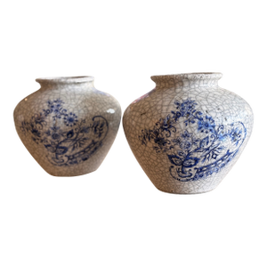 Vintage Large French Clay Crackle Glaze Set of 2 Pots Urn Vase