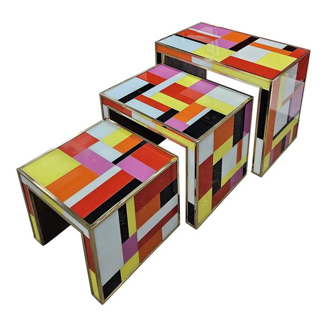 Pink Glass Nesting Tables, 1980s, Set of 3 For Sale - Image 8 of 9